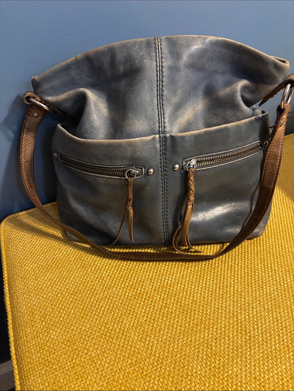 The Sak Slate Gray Leather Shoulder Bag with Brown Strap